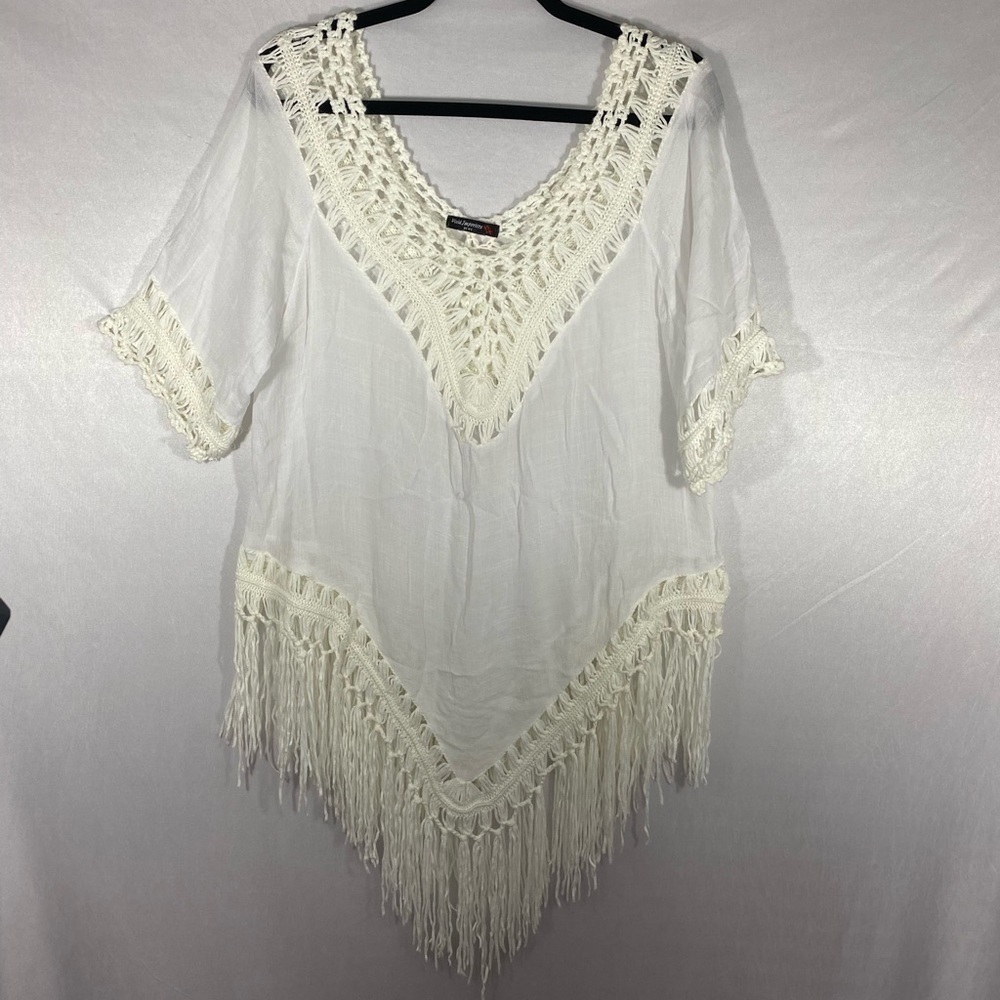 Vivid imports boho cotton blend fringe and crochet challis shirt